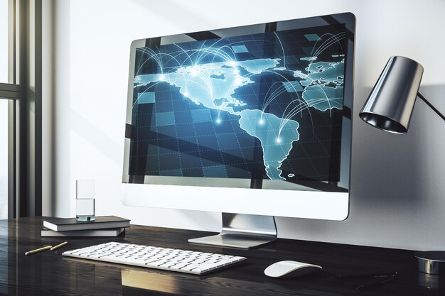 Abstracte digitale wereldkaart met verbindingen op moderne computermonitor big data en blockchain concept 3D Rendering