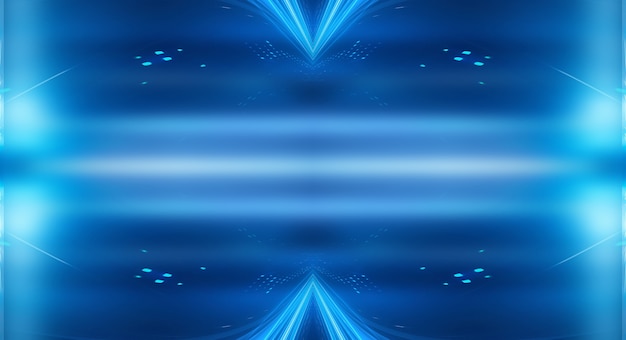 Abstracte donkere futuristische achtergrond Blauwe neonlicht die stralen worden weerkaatst door het water