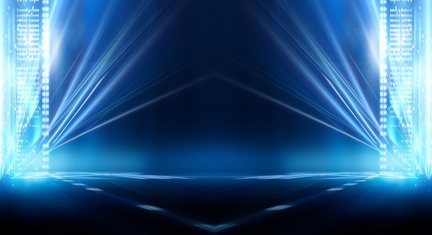 Abstracte donkere futuristische achtergrond Blauwe neonlicht die stralen worden weerspiegeld