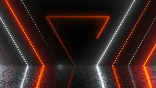Abstracte driehoeken neon tunnel met reflectie computer gegenereerde achtergrond 3D renderen
