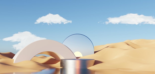 Abstracte duin klif zand met metalen podium staan platform surrealistische woestijn natuurlijke landschap achtergrond scène van woestijn met glanzende metalen bogen geometrisch ontwerp 3D Render