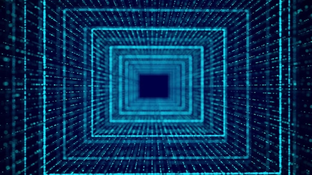 Abstracte dynamische draadframe tunnel op blauwe achtergrond Futuristische 3D-portaal Futuristische deeltjesstroom 3D-rendering
