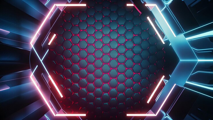 Foto abstracte en futuristische zeshoekige achtergrond met kleurrijk en gloeiend neon-effect moderne technologie achtergrond