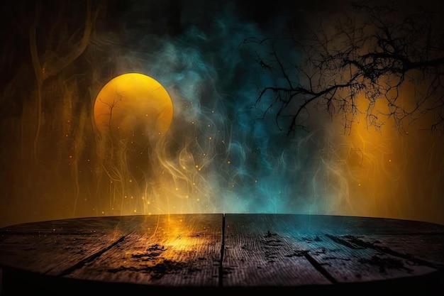 Abstracte en wazige Halloween-achtergrondmist in de nachtrook en mist op een houten tafel