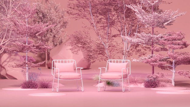 Abstracte fantastische bos magische tuinlandschapscène met een podium voor productweergave 3d render