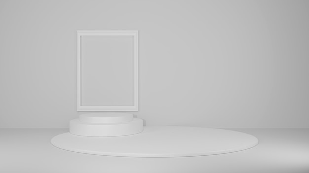 Abstracte fase op witte achtergrond versierd met ingelijste geometrische vormen en leeg podium, 3D-rendering.