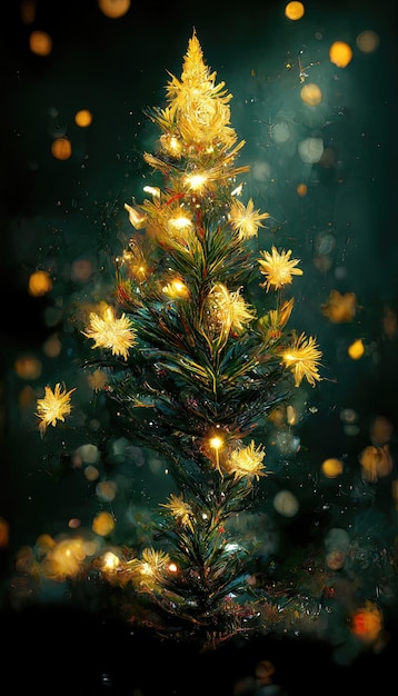 Abstracte feestelijke kleurrijke achtergrond met kerstbomen en nieuwjaarsversieringen Gouden achtergrond voor een feestelijke nieuwjaarswinterkaart