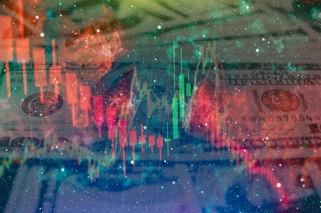 Abstracte financiële handelsgrafieken en digitaal nummer op monitor. Achtergrond van gouden en blauwe digitale grafiek om de trend van de aandelenmarkt te vertegenwoordigen.