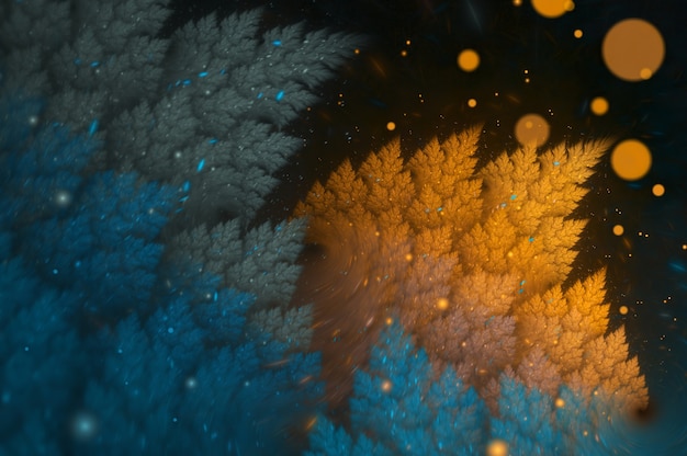 Abstracte fractal kunst achtergrond met oranje en blauwe bladeren en bokeh op donker