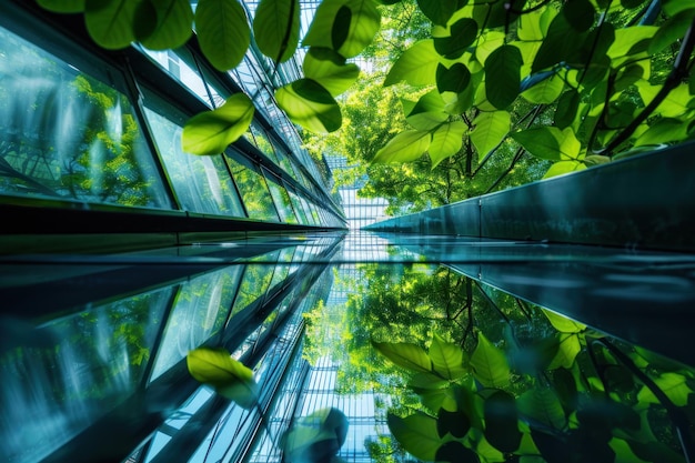 Abstracte fusie van natuur en technologie modern kantoor met groene bladeren