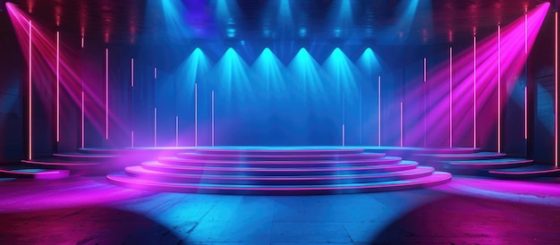 Abstracte futuristische blauwe lege podium met neonverlichting schijnwerper