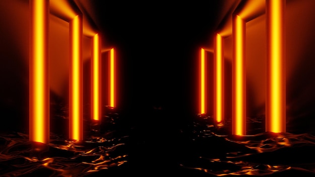 abstracte futuristische gele neon licht gang achtergrond met gloeiende weerspiegeld in water, 3d render