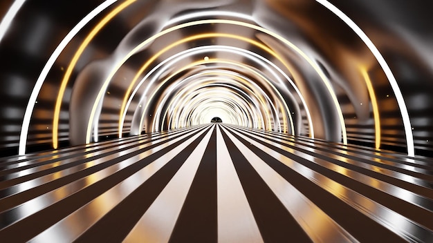 Foto abstracte futuristische gloed 3d-tunnel met neonlichten met patroonvloer