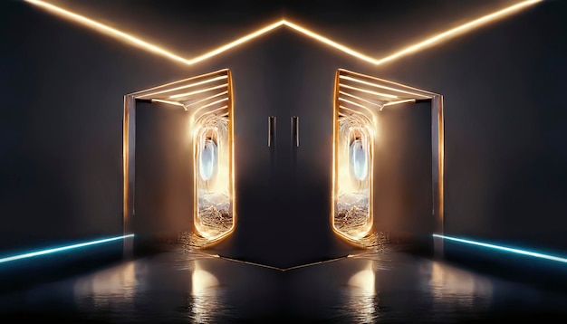 Abstracte futuristische interieur neon tunnel portal moderne donkere achtergrond neonlichten ondergrondse passage de beweging van licht in de donkere scifi achtergrond 3d illustratie