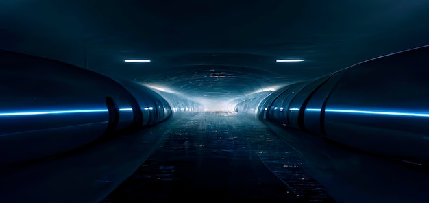 Abstracte futuristische interieur neon tunnel portal moderne donkere achtergrond neonlichten ondergrondse passage de beweging van licht in de donkere scifi achtergrond 3d illustratie