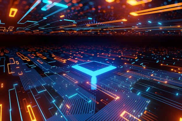 Abstracte futuristische Microchip Gegevensstroom in een moederbord gloeiende lichte achtergrond 3D-rendering