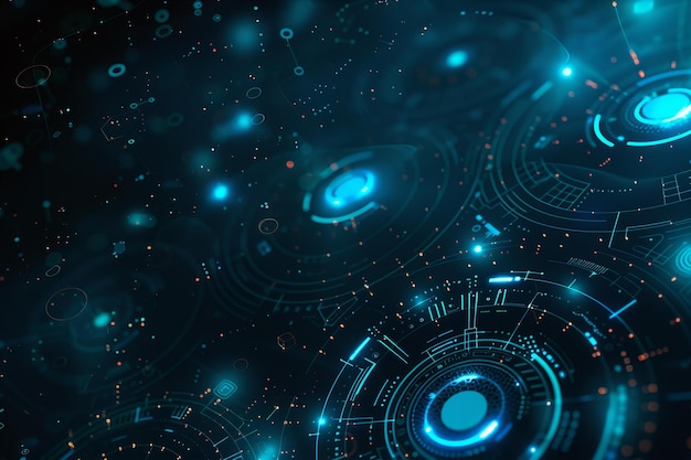 Abstracte futuristische technologie achtergrond met blauwe gloeiende digitale elementen en hologram cirkels op