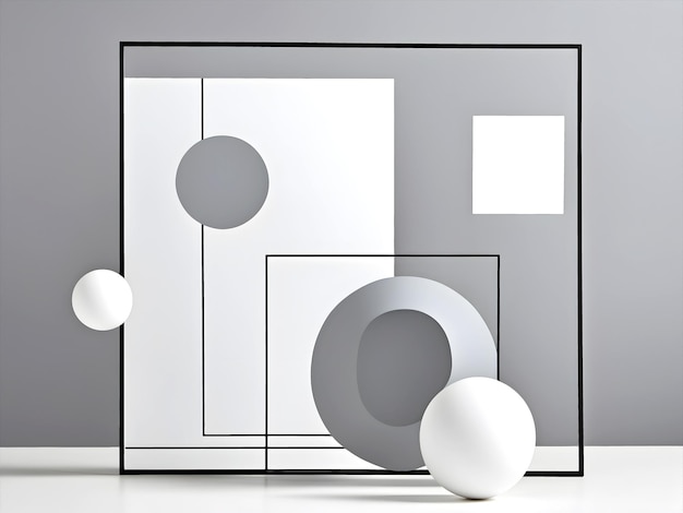 Abstracte geometrische strepen en vierkanten op een witte en lichtgrijze achtergrond met een frame