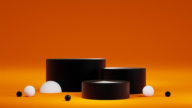 Abstracte geometrische vormen podium voor productweergave op oranje achtergrond 3D-rendering