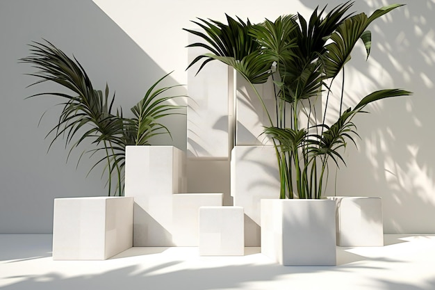 Abstracte geometrische vormen podiums met palmbomen op witte achtergrond