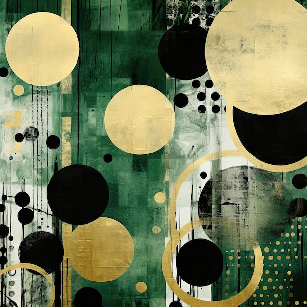 Abstracte gestructureerde grunge groene en gouden achtergrond met geometrische elementen en cirkels Generative ai