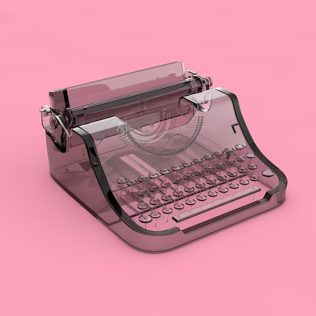 Abstracte glas oude vintage retro typemachine op een roze achtergrond. 3D-rendering