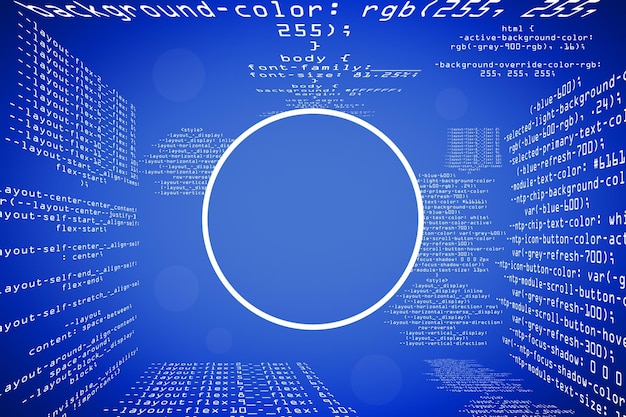 Abstracte gloeiende blauwe codering programmering achtergrond met lege ronde mock up frame Big data en code concept 3D-Rendering