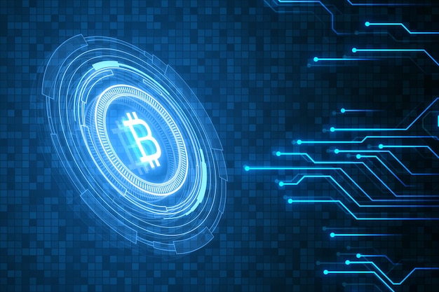 Abstracte gloeiende crypto-munten op donkerblauwe achtergrond met circuitlijnen Cryptocurrency digitale geldtechnologie en economisch netwerkconcept 3D-rendering