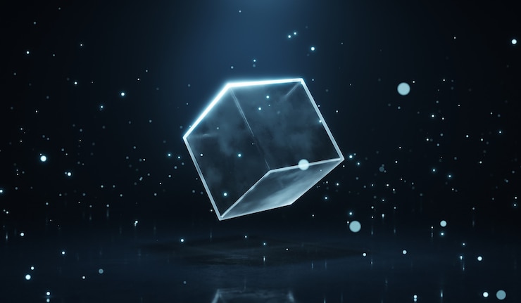 Abstracte gloeiende transparante kubusmodule met gloeiende deeltje donkerblauwe achtergrond. 3D-rendering