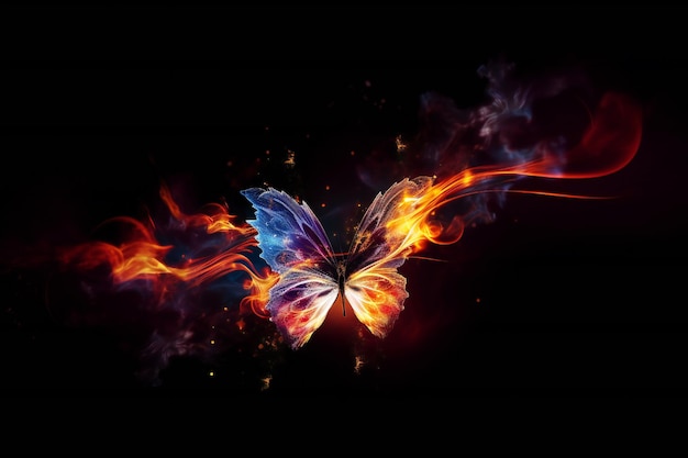 Abstracte gloeiende vurige vlinder die op een zwarte achtergrond vliegt en een rood-blauwe vuurspoor achterlaat