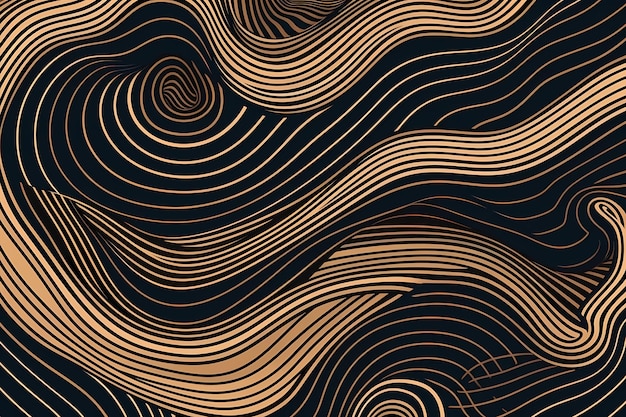 abstracte golven met een gouden patroon op een zwarte achtergrond.