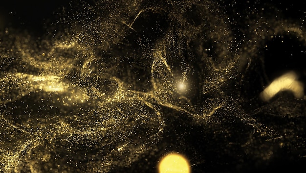 Abstracte gouden glitterdeeltjes die op een zwarte achtergrond draaien