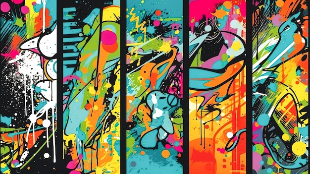 Abstracte graffiti poster met kleurrijke tags verf splatter krabbels en fragmenten generatieve AI
