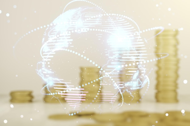 Abstracte grafische digitale wereldkaart hologram met verbindingen op munten achtergrond globalisering concept Multiexposure