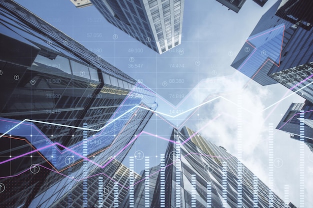 Abstracte groeiende zakelijke pijl en grafiek op wazige stadsachtergrond met index Financiële gegevenshandel en marktconcept Dubbele blootstelling