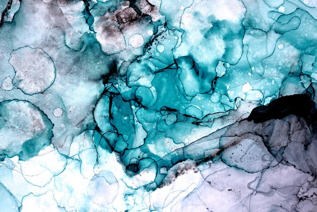 Abstracte groen blauw grijze inkt aquarel achtergrond, verf vlekken en vlekken in water, luxe vloeibare vloeibare kunst behang, marmer texture