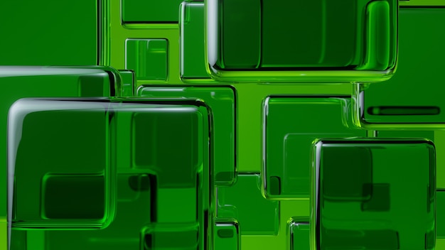 Abstracte groene glazen kubussen 3d render op groene achtergrond