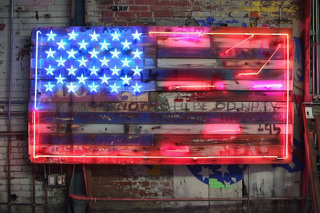 Abstracte grunge achtergrond met Amerikaanse vlag verlichte neonlampen houten oppervlakte hangende schrape bakstenen muur