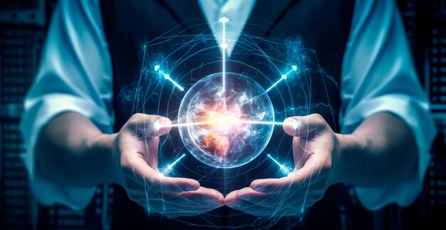 Abstracte heldere bol van de wereld in handen concept van de toekomst AI gegenereerd beeld