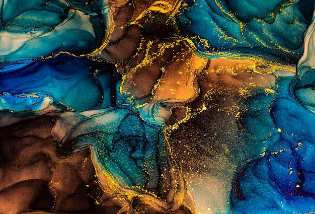 Abstracte heldere glanzende kleur vloeibare achtergrond, hand getekende alcohol schilderij met gouden strepen, vloeibare inkt techniek textuur voor achtergrond ontwerp