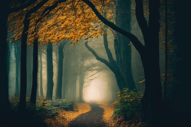 Abstracte herfstscène met een bos in de herfst en vroege mist kalmte kalmte schilderachtig