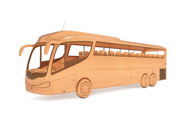 Abstracte houten speelgoed Coach Tour Bus op een witte achtergrond. 3D-rendering.