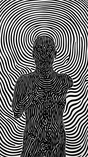 Abstracte humanoïde vorm met een vingerafdruk in het midden Optische illusie of psychedelische hypnose