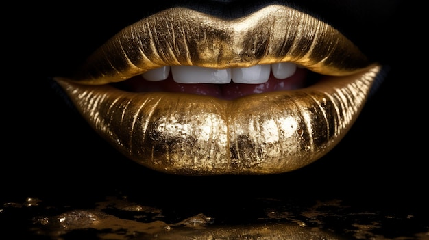 Abstracte illustratie met luxe gouden lippen klaar kus op gouden achtergrond Glossy Sexy lipf met Glow sparkle en glitter