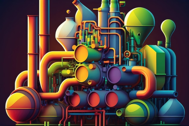 Abstracte illustratie van een chemische raffinaderij met kleurrijke pijpen en kleppen