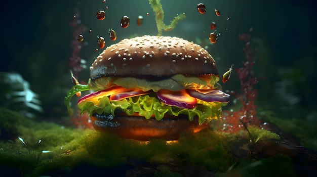 Abstracte illustratie van een hamburger op een achtergrond van de natuur