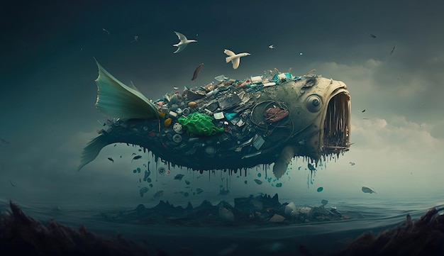 Abstracte illustratie van een walvis die vuilnis eet als een concept van massale vervuiling van de oceaan met vuilnis