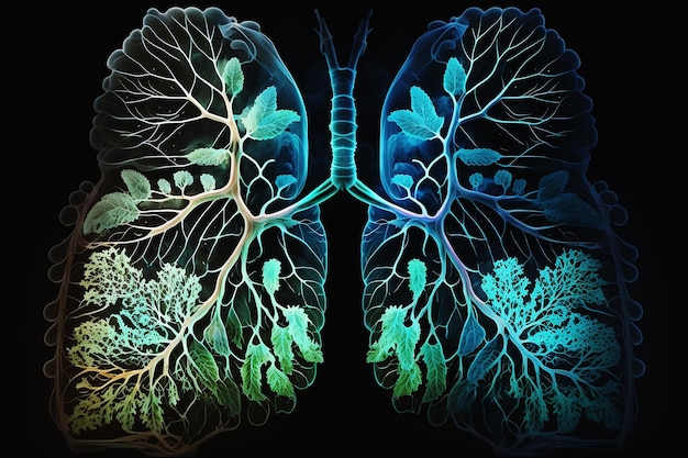 Abstracte illustratie van menselijke longen met planten op zwarte achtergrond