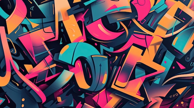 Foto abstracte illustratie van vervormde rommelige vervormde slordige typografie graffiti platte stijl illusie van volume gevarieerde kleurpalet getallen en letters straatstijl concept generatief door ai