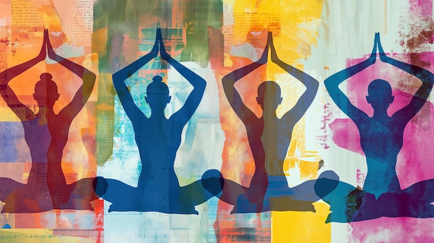 Foto abstracte illustratie vrouwelijke yoga poses op een levendige textuur achtergrond